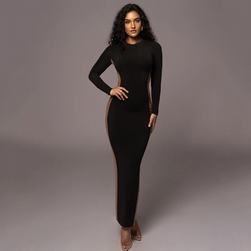 Sexy Round Neck Split Long Sleeve Dress