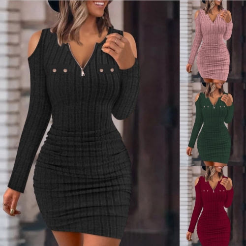 Sexy Zipper V-Neck Long Sleeve Dress