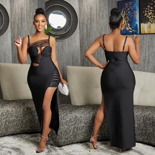 Mesh hollow bandage maxi dress