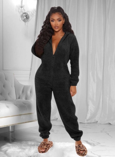 Casual Hooded Fleece Long Sleeved Jumpsuit