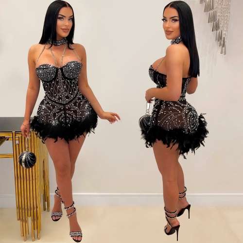 Mesh hot diamond feather stitching romper