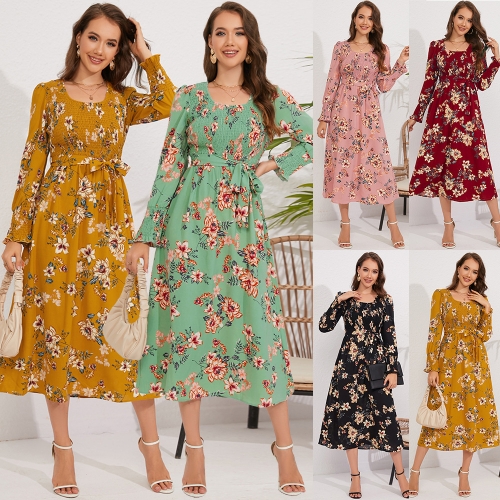 Sexy retro cable floral long sleeved dress