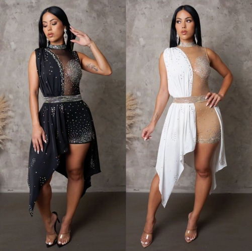 Sexy Perspective Irregular Spliced Hot Diamond Sleeveless jumpsuit