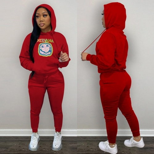 Rock and roll hot stamping plush hooded pants set