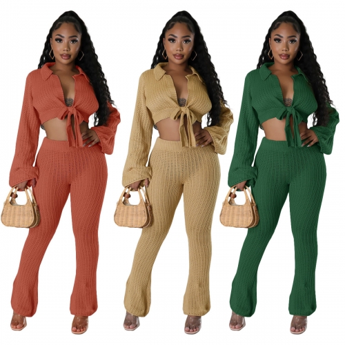 Lace up micro horn knitted sweater pants set