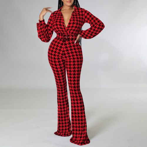 V-neck bubble sleeve plaid printed wide leg jumpsuit