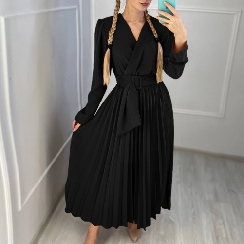 Elegant waist tied pleated high waisted dress