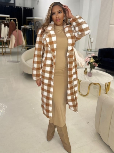 Trendy Checkered Printed Medium Length Plush Coat