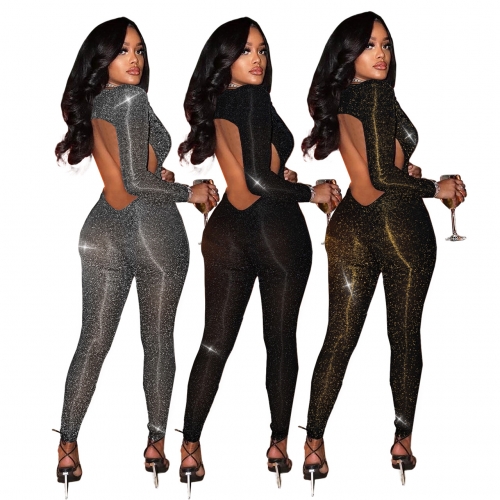 Deep V-neck nightclub style shiny silk backless jumpsuit