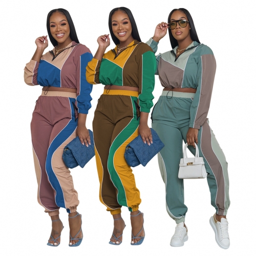 Casual color blocking long sleeved top+sports pants two-piece set