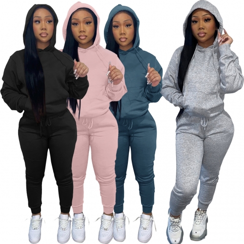 Solid color hooded drawstring pants set