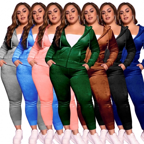 Plus Size Hooded Velvet Pants Set