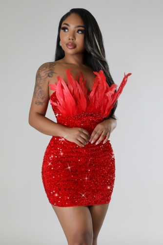 Feather sequin burst bead wrapped chest dress