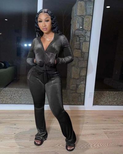 Velvet Zipper Hooded Warm Pants Set