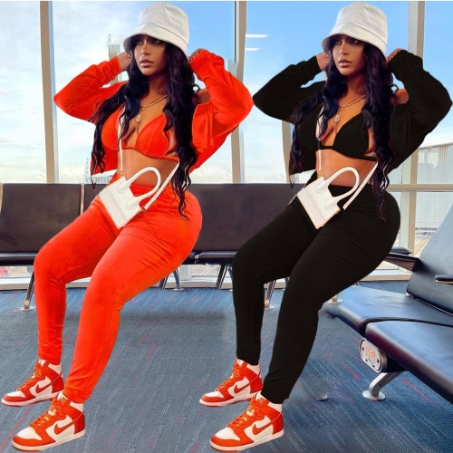 Solid color hooded sports three piece set