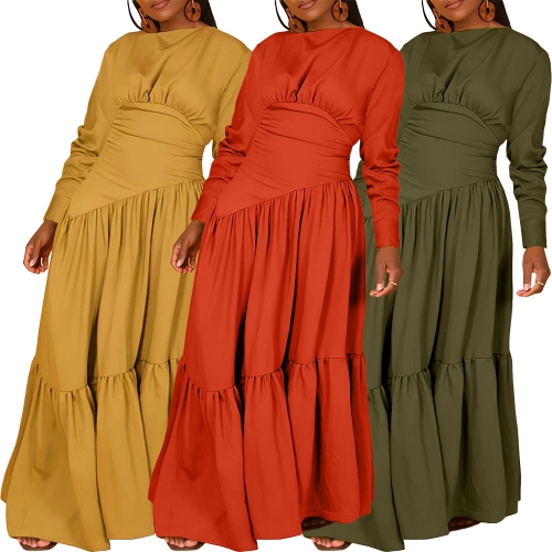 Solid color wrinkled long sleeved dress