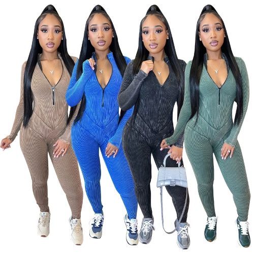 Pit striped printed zippered jumpsuit