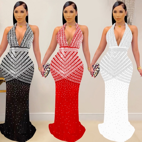 Mesh hot diamond sleeveless maxi dress