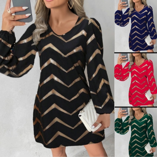 Fashionable printed U-neck bubble sleeve dress