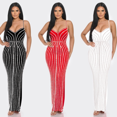 Mesh hot diamond striped maxi dress