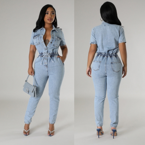 Sexy elastic waist denim jumpsuit