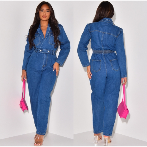 Sexy suit collar denim jumpsuit