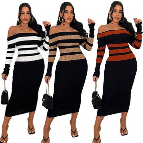 Off shoulder knitted striped color blocking dress