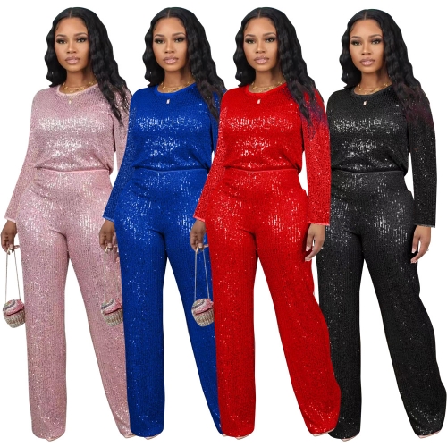 Solid color sequin pants set