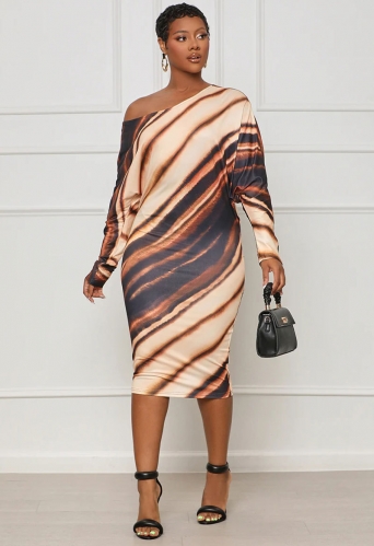 Printed Bat Sleeves Diagonal Neck Dress