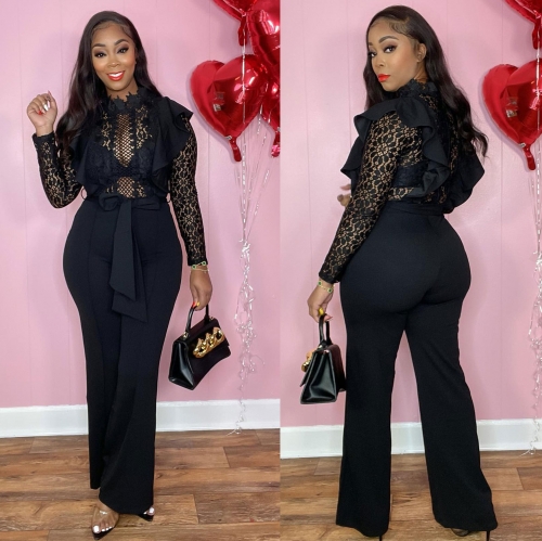Sexy Perspective Lace Panel Elastic jumpsuit