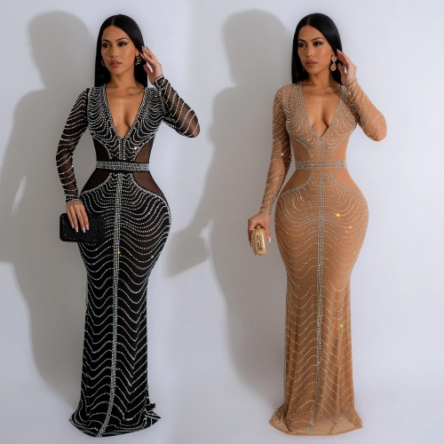 Mesh hot diamond maxi dress