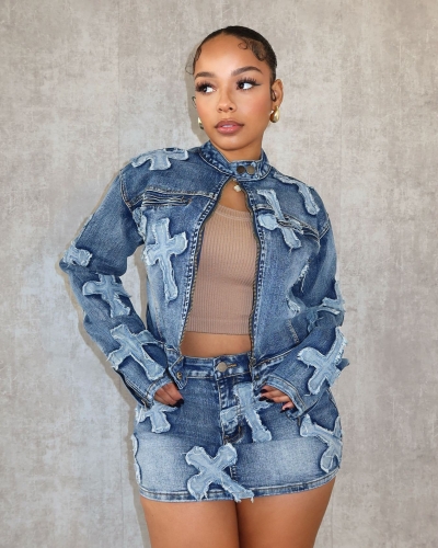 Casual denim embroidered jacket+short skirt two-piece set