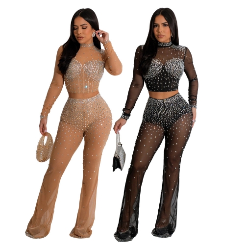 Round neck hot diamond mesh pants set