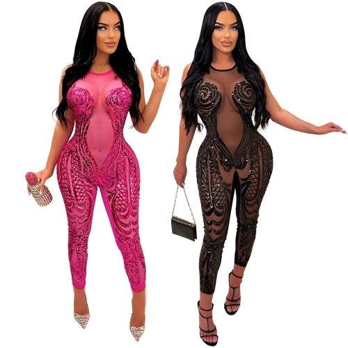 Mesh splicing sequin jumpsuit