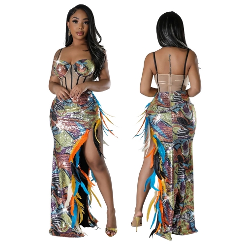 Suspended velvet sequin feather split dress