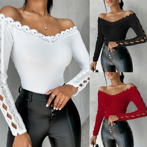 Solid color straight neck lace long sleeved patchwork T-shirt