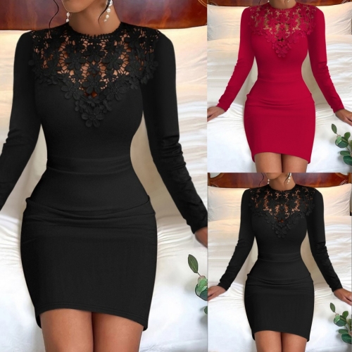 Sexy round neck lace long sleeved dress