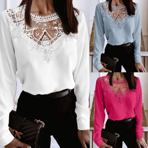 Solid lace round neck shirt top