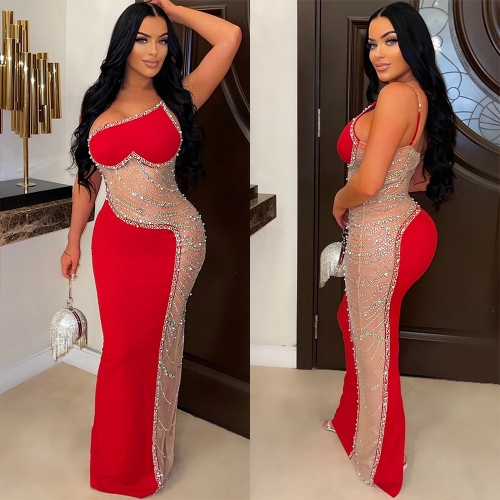 Sexy One Shoulder Perspective Hot Diamond Dress