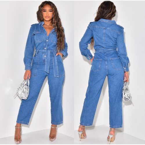 Casual pocket denim jumpsuit