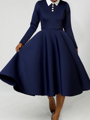 Solid color shirt collar button up long sleeved dress