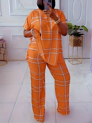 Plus size plaid printed pants set