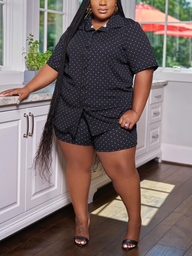 Plus size polka dot printed shorts set