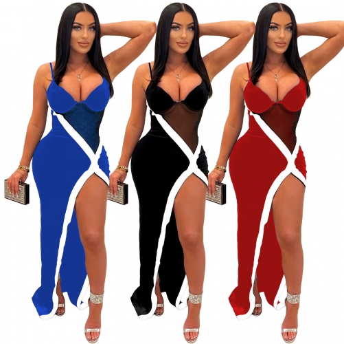 Mesh splicing suspender irregular slit dress