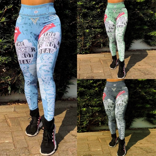 Tongue letter printed high waisted imitation denim sports yoga pants