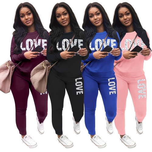 LOVE letter printed round neck long sleeved pants set