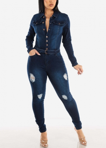 Fashionable stretch denim jumpsuit