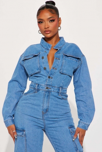 Fashionable stretch denim jumpsuit