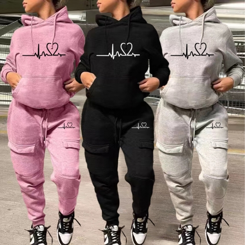 Leisure electrocardiogram printed hoodie set