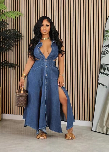 Denim hollowed out slit shirt dress